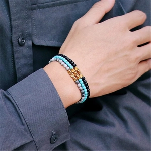 Three-piece set of 4mm natural stone beaded bracelets with golden irregular metal beads