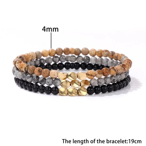 Three-piece set of 4mm natural stone beaded bracelets with gold accent beads for men