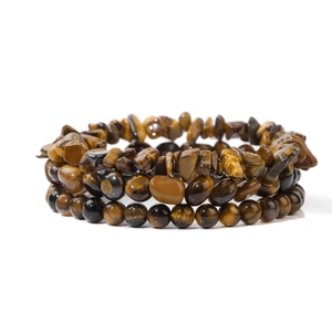 Three-piece tiger eye stone bracelet set featuring chips, pebbles, and polished beads