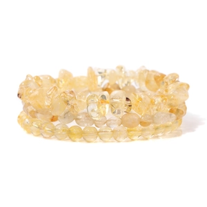 Three-piece set of irregular yellow citrine crystal bracelets with smooth round beads