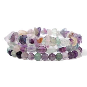 Three-piece fluorite beaded bracelet set with round and irregular natural stone chips