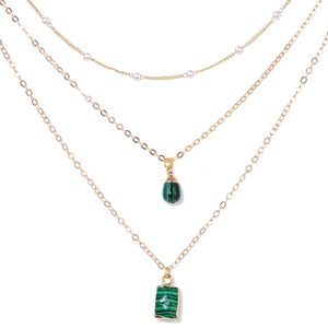 Minimalist 18K Gold Plated Triple Layered Necklace With Natural Stone Water Drop Rectangle Pendant Artificial Pearl Bead Women Jewelry