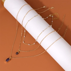Three-layer 18k gold plated necklace set with natural purple stones and white pearls