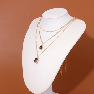 Three-layer 18k gold plated necklace set with natural purple stone and pearl charms