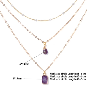 Three-layer 18k gold plated necklace set with natural purple stone charms and white beads