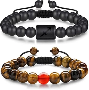 Tiger eye stone bead bracelet set with Sagittarius constellation charm for men