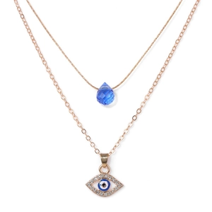 Evil Eye Layered Pendant Necklace Set For Women Vintage Alloy Crystal Water Drop Double Chain Fashion Jewelry Gift