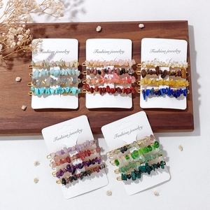 Five-set natural stone chip hair clips with colorful gemstones on gold-finish metal