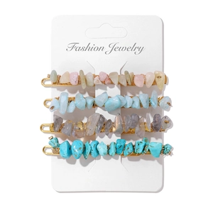 Elegant 4-piece set of golden hairpins with colorful natural crushed stone beads