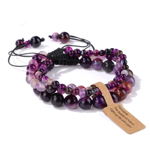 Three-piece purple natural stone beaded bracelet set with adjustable woven cords