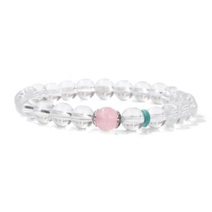 Pulsera minimalista de cristal blanco con perla de cuarzo rosa y separador de plata