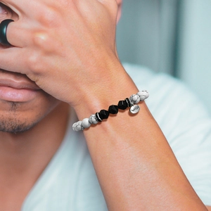 Men's 8mm white marble and faceted black stone bead bracelet with silver Wish pendant