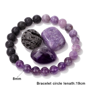 Bracciale in perle di lava vulcanica naturale e cristallo viola con pietre grezze, 19 cm