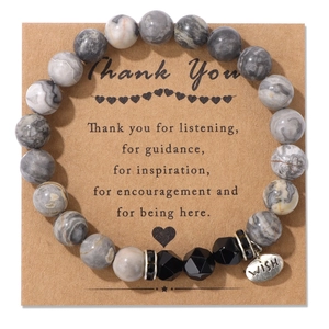 Detail of 8mm marble beads and faceted black stones on a Thank You wish card
