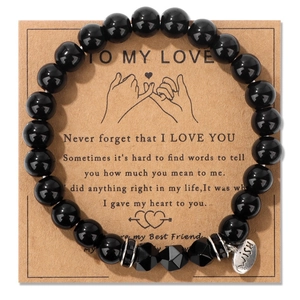 Vintage Natural Stone Beaded Bracelet With Wish Pendant Alloy Spacers Handmade Men Jewelry On Greeting Card Packaging