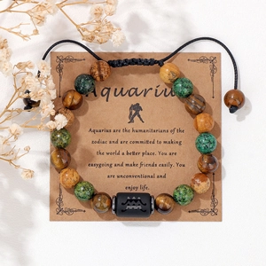 Bracciale Acquario con perle di occhio di tigre e agata, cordino nero regolabile