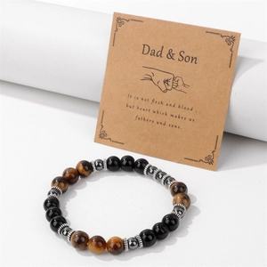 Tiger eye and black agate beaded bracelet with Father and Son sentiment gift card