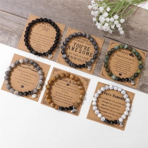 Set of 6 natural 8mm stone bead bracelets with heart wish charms on message cards