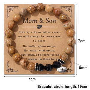 8mm faceted stone bead bracelet with Wish charm on Mom & Son gift card packaging