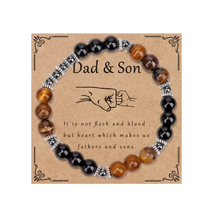 Natural Tiger Eye Black Agate Beaded Bracelet For Men Dad And Son Gift Card Retro Handmade Stone Jewelry Elastic Bead Bracelet