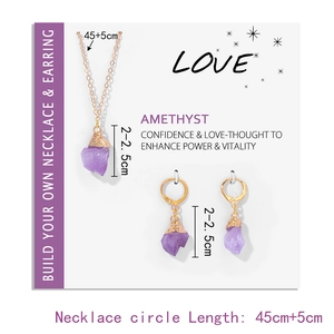 Parure bijoux améthyste avec collier doré 45cm et boucles d'oreilles pendantes assorties