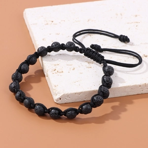 Bracciale da uomo regolabile con perline di pietra lavica nera da 6 mm intrecciate
