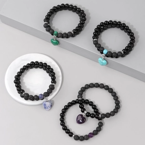 Double-layer volcanic stone and obsidian bead bracelets with heart pendants in four colors