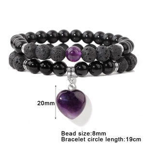 Double-layer volcanic stone and amethyst heart pendant bracelet with 8mm beads