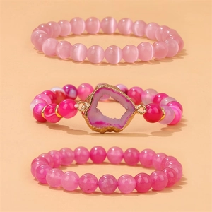 Set de 3 bracelets en pierres naturelles roses avec pendentif en cristal de quartz