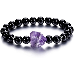 Pulsera de amatista natural con cuentas de ónix negro pulido en cordón elástico