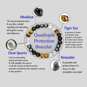 Vierfaches Schutzarmband mit Obsidian, Tigerauge, Bergkristall und Hämatit Perlen