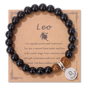 Pulsera del zodiaco con cuentas de ojo de tigre, colgante de Leo y tarjeta de regalo