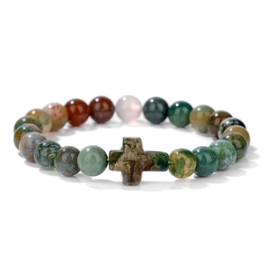 Herren Vintage-Armband mit Kreuzanhänger und bunten Natursteinperlen in Erdtönen