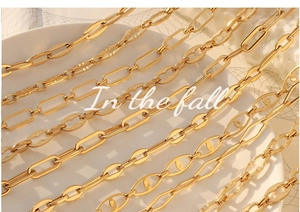 Detailed close-up of 18K gold plated titanium paperclip and textured link chains