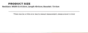 Size chart for 18K gold plated chain set showing necklace and bracelet dimensions