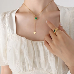 Heart Pendant Necklace Titanium Steel Green Red Zircon Adjustable Slide Buckle Y-Shaped Fringe French Style For Women