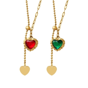 Adjustable gold heart pendant necklace with red and green zircon crystals and tassels