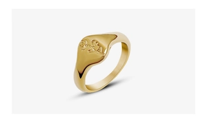 Gedetailleerde macro-opname van een gepolijste 18k vergulde ring met een gegraveerde roos