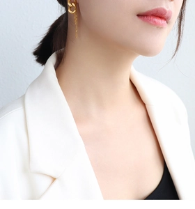 Nahaufnahme eines Models mit goldenen Kettenohrringen und einem weißen Business-Blazer