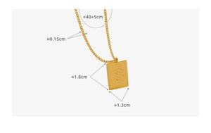 Detailed size map of gold plated stainless steel square pendant necklace with S engraving