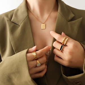 18K gold plated titanium steel square S pendant necklace and stacking rings set