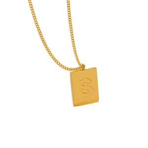 18K gold plated titanium steel necklace with square pendant featuring letter S engraving