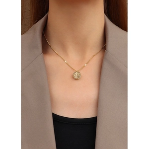 Golden titanium steel necklace with 18k gold plating and Chinese lucky charm pendant