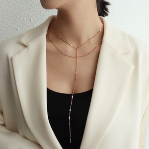 Double-layered 18k gold plated stainless steel Y-shaped necklace with long tassel bars