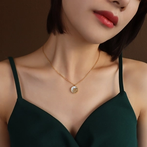 Elegant 18k gold plated choker necklace with white rose zircon pendant on model