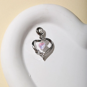 S925 silver hollow heart charm with iridescent pink purple opal and zircon accents