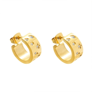 Brushed 18K gold-plated C-shaped earrings with starry zircon inlays for women