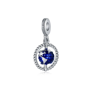 Blue enamel earth globe charm in 925 sterling silver with zircon crystals and beads