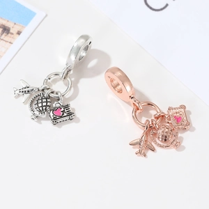 Travel theme charm with silver airplane, globe, and pink heart luggage for DIY bracelets