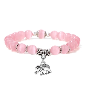 Bracciale di perle occhio di gatto rosa con ciondolo a elefante in argento e metallo